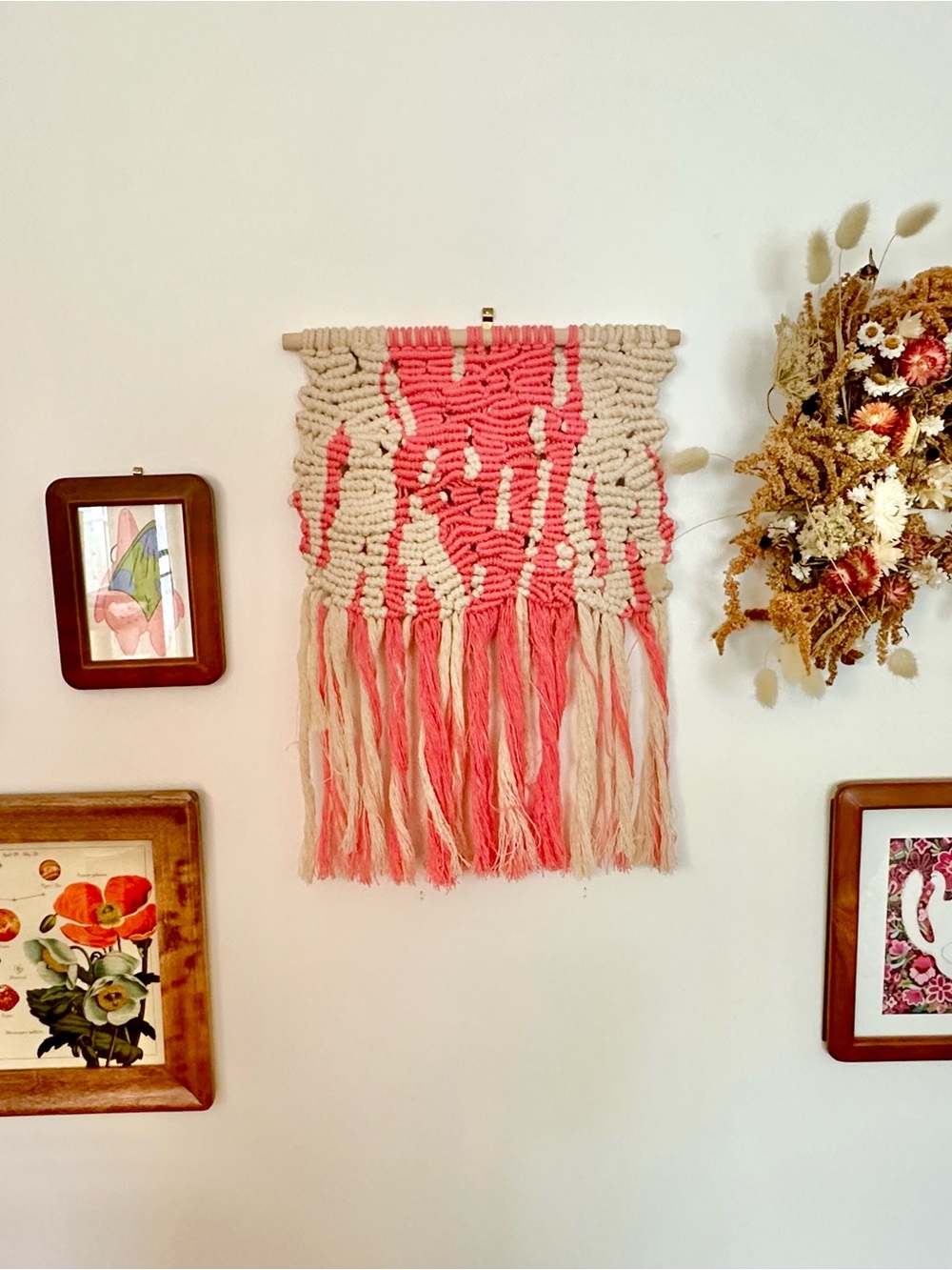 Handwoven Pink and Cream Macramé Wall Hanging